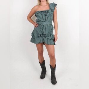 Isabel Marant Etoile One -Shoulder Ruffled Mini Dress in Sage Green. Size M.